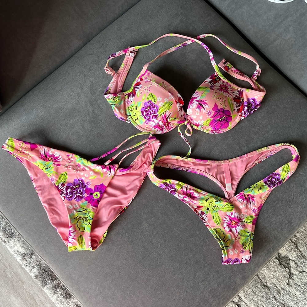 Victoria’s Secret 3 piece bikini set thong medium large push-up tropical pink